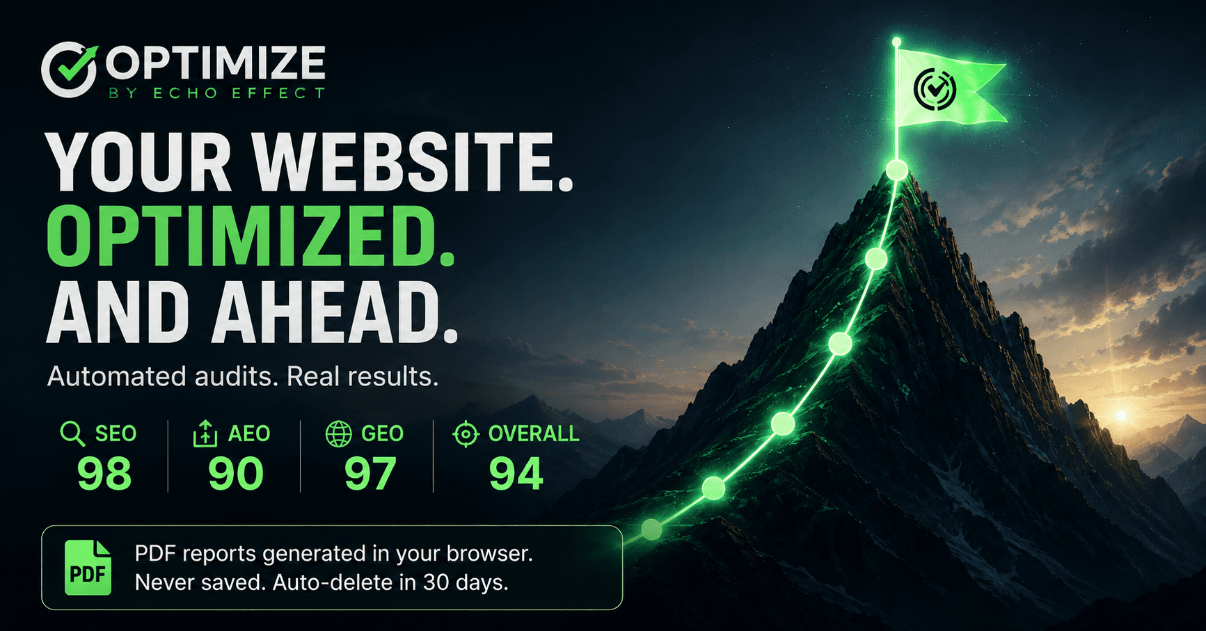 Optimize campaign visual showing audit scores and a repair path climbing toward better website performance