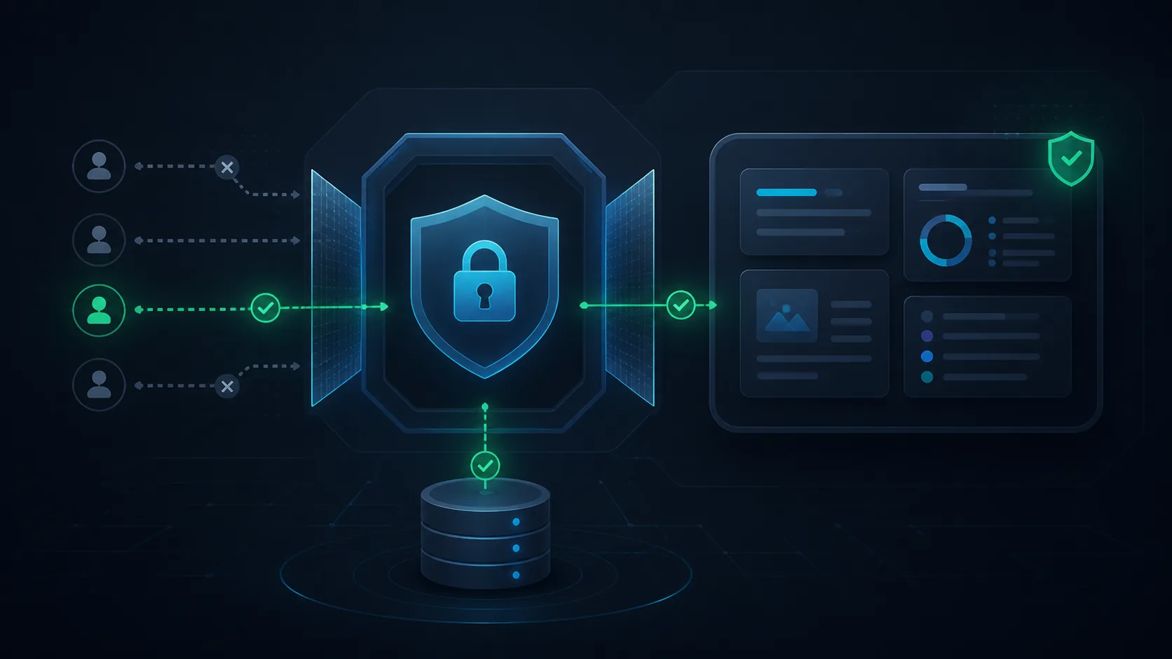 Abstract Supabase-managed authentication gateway showing approved access flowing into a protected trainer app