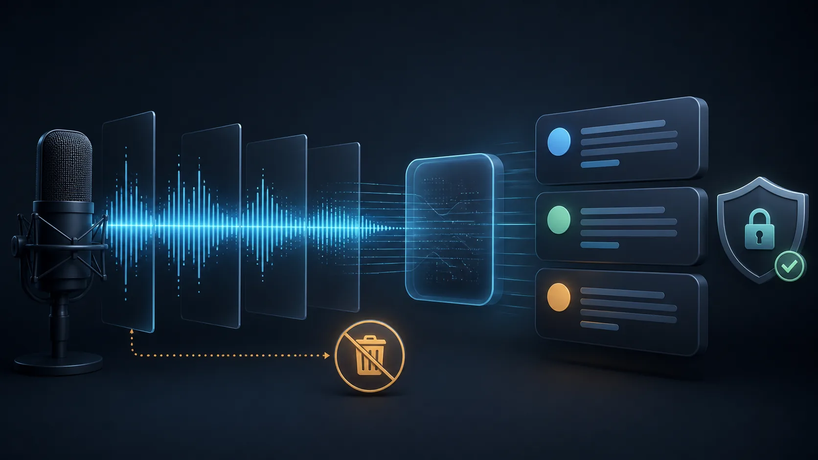 Abstract transcript-first voice training workflow showing a waveform becoming cleaned review cards while temporary audio is discarded
