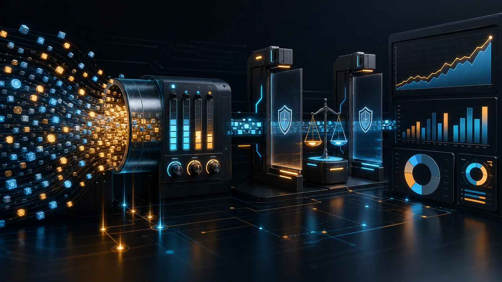 Enterprise AI market pressure visual showing token streams being measured against cost, governance, and business outcome dashboards