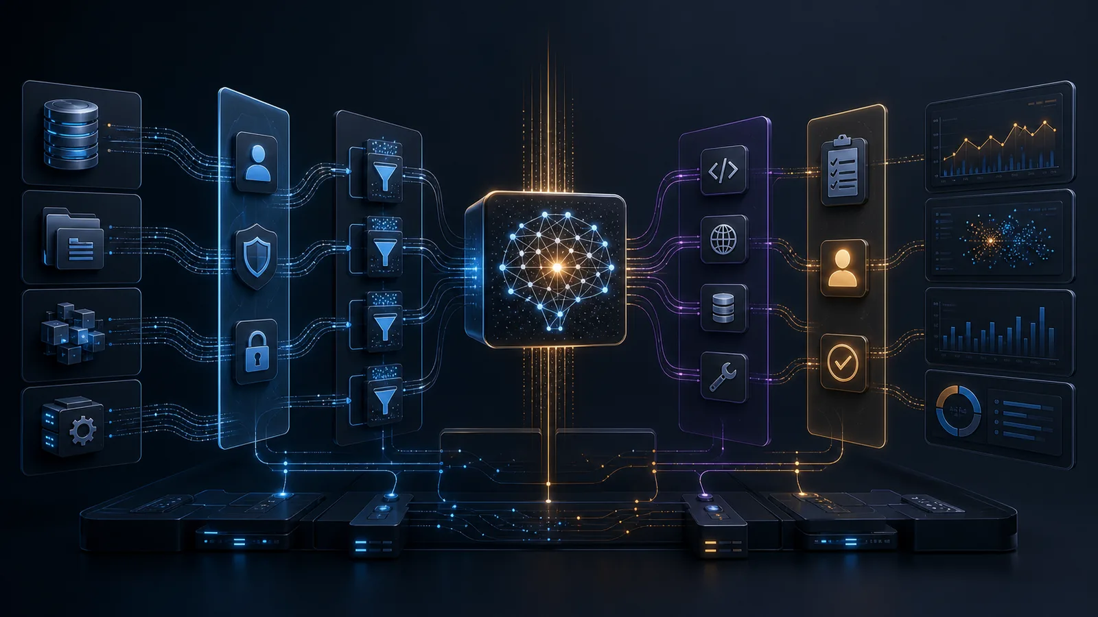 Enterprise AI control-plane architecture showing data, identity, model routing, tools, approvals, and observability layers