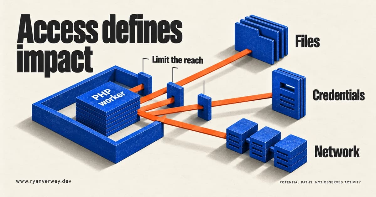 A PHP worker connects through access boundaries to files, credentials, and a network. Limiting permitted access can reduce potential impact.