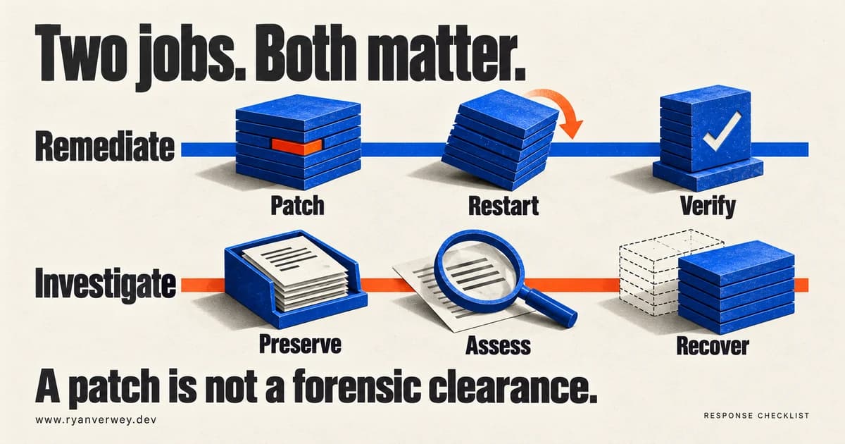 Two separate response tracks: remediate through patching, restarting, and verification; investigate through preserving evidence, assessment, and recovery.