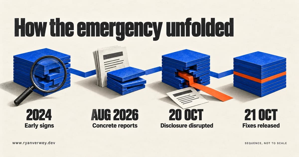 Illustrated sequence: early signs in 2024, concrete reports in August 2026, disrupted disclosure on October 20, and fixes released October 21.