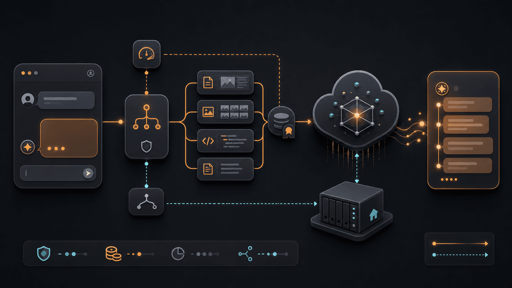 Hybrid Rupert chatbot architecture showing a portfolio chat widget, serverless routing, grounded content retrieval, cloud model streaming, durable usage storage, and a NAS fallback path