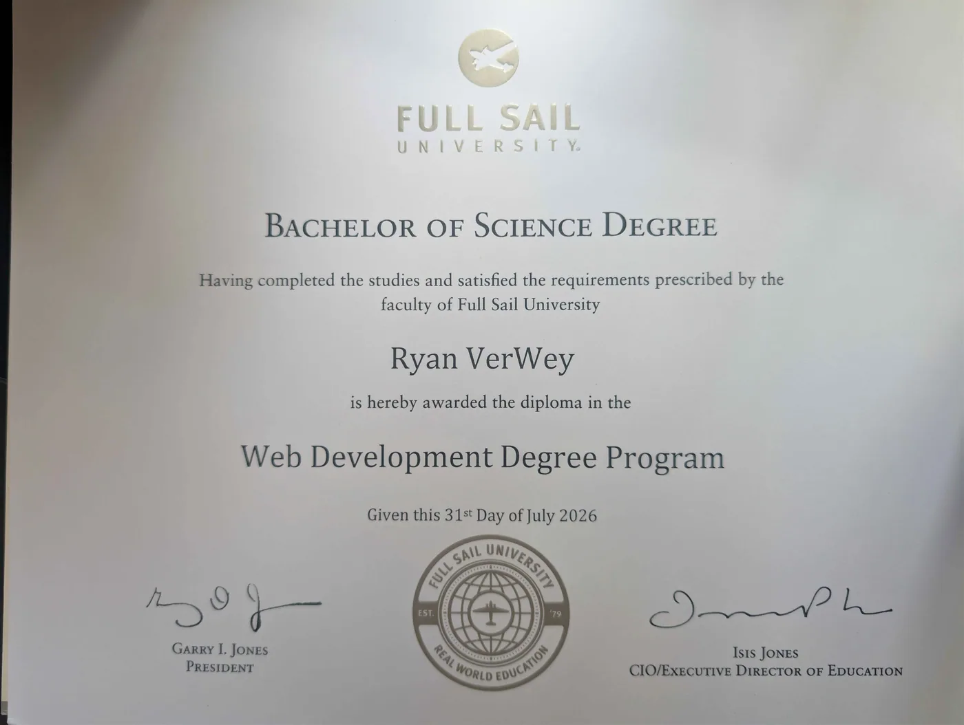 Full Sail University Bachelor of Science degree awarded to Ryan VerWey for the Web Development Degree Program