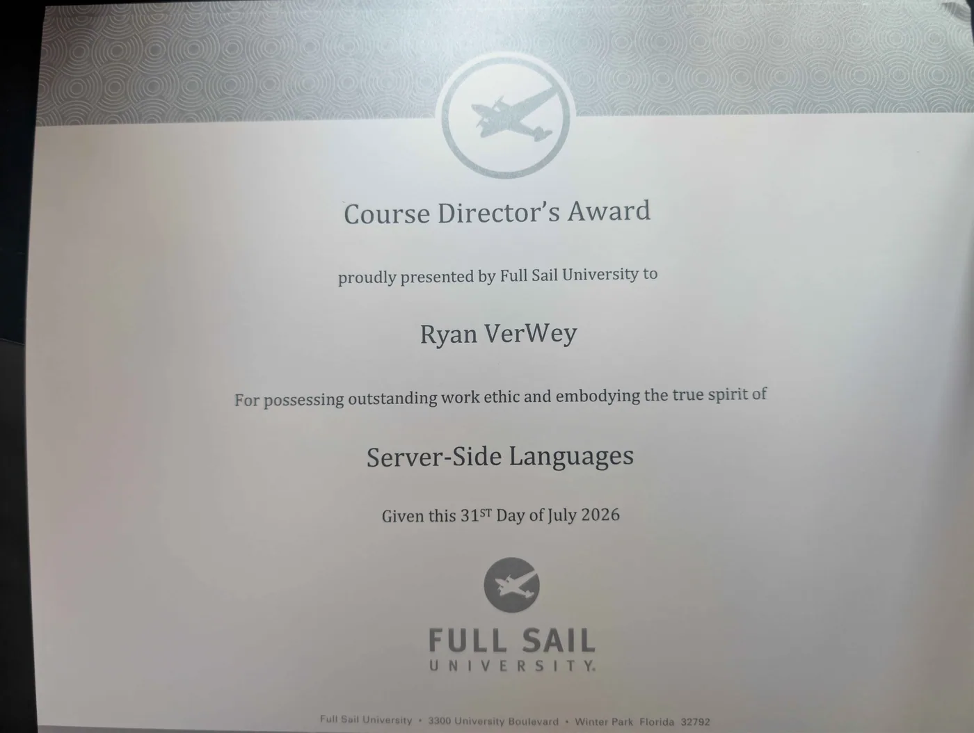 Full Sail University Course Director's Award certificate awarded to Ryan VerWey for Server-Side Languages