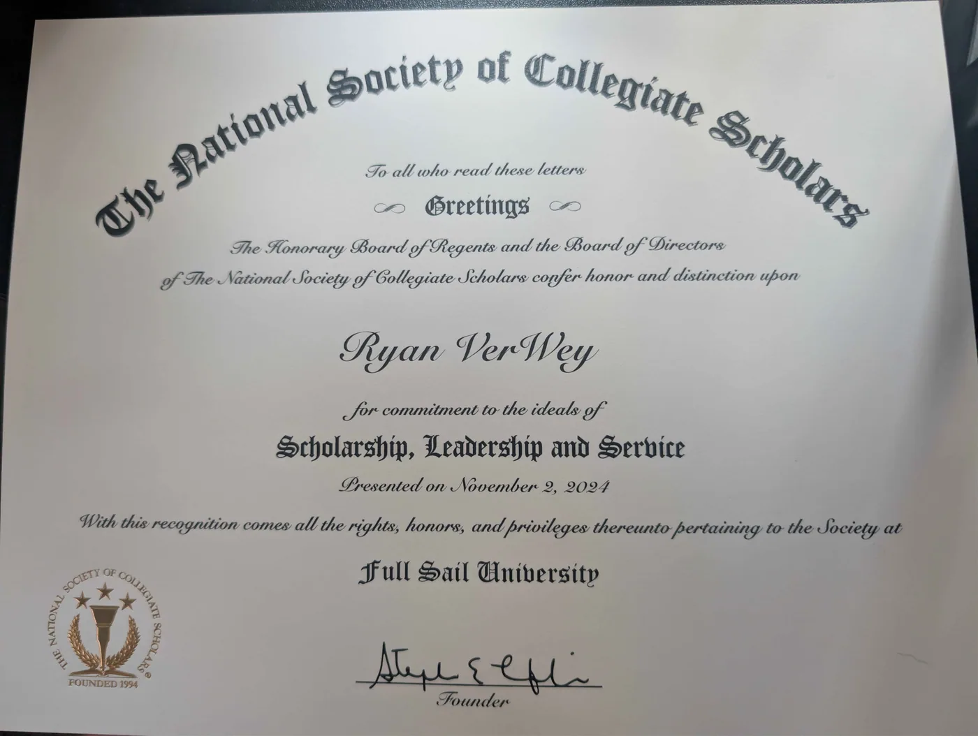 National Society of Collegiate Scholars recognition for Ryan VerWey for scholarship leadership and service at Full Sail University