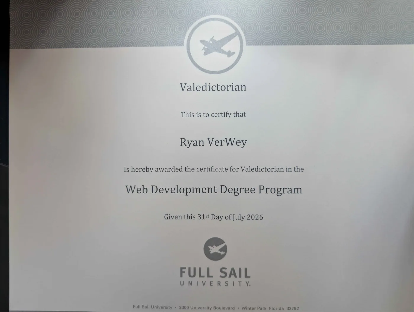 Full Sail University Valedictorian certificate awarded to Ryan VerWey for the Web Development Degree Program